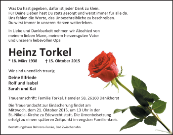 Traueranzeige von Heinz Torkel von Nordwest-Zeitung