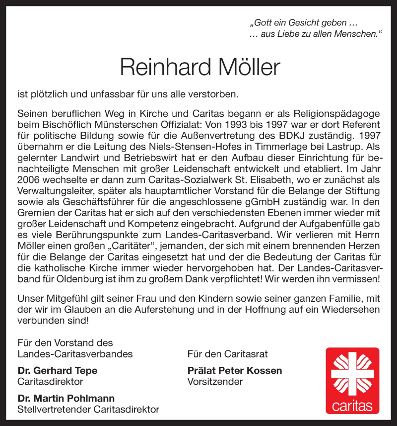  Traueranzeige für Reinhard Möller vom 13.08.2015 aus Nordwest-Zeitung