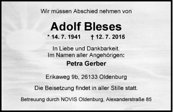 Traueranzeige von Adolf Bleses von Nordwest-Zeitung