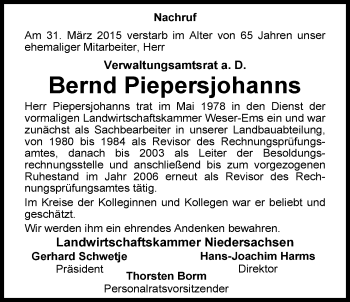 Traueranzeige von Bernd Piepersjohanns von Nordwest-Zeitung