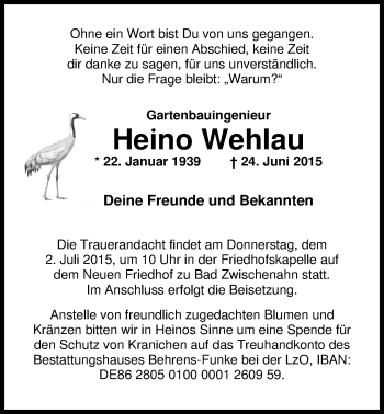 Traueranzeige von Heino Wehlau von Nordwest-Zeitung