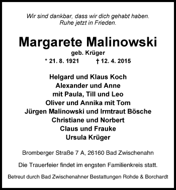 Traueranzeige von Margarete Malinowski von Nordwest-Zeitung