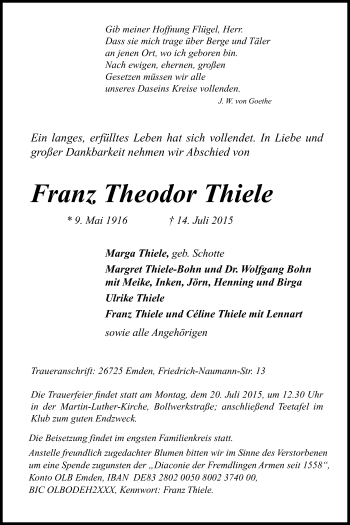 Traueranzeige von Franz Theodor Thiele von Nordwest-Zeitung
