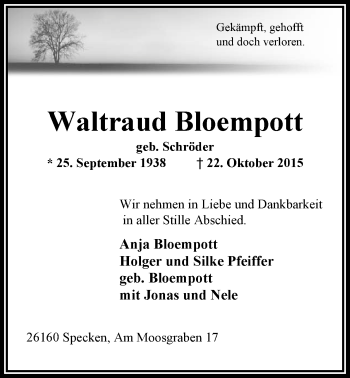 Traueranzeige von Waltraud Bloempott von Nordwest-Zeitung