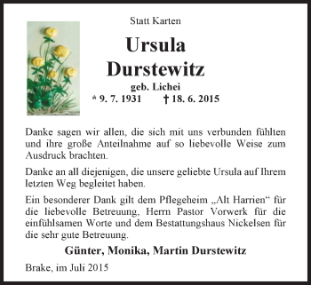 Traueranzeige von Ursula Durstewitz von Nordwest-Zeitung