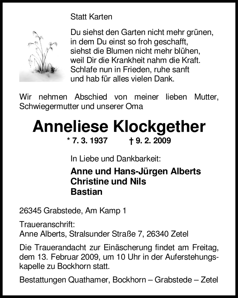  Traueranzeige für Anneliese Klockgether vom 11.02.2009 aus Nordwest-Zeitung