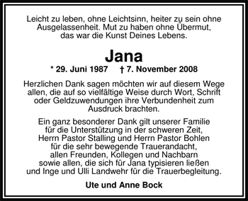 Traueranzeige von Jana Bock von Nordwest-Zeitung