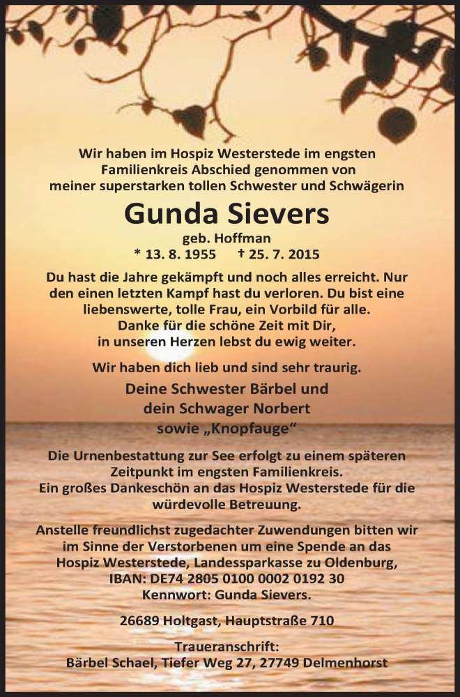  Traueranzeige für Gunda Sievers vom 29.07.2015 aus Nordwest-Zeitung