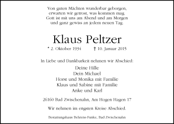 Traueranzeige von Klaus Peltzer von Nordwest-Zeitung