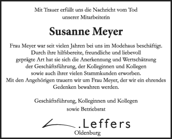 Traueranzeige von Susanne Meyer von Nordwest-Zeitung