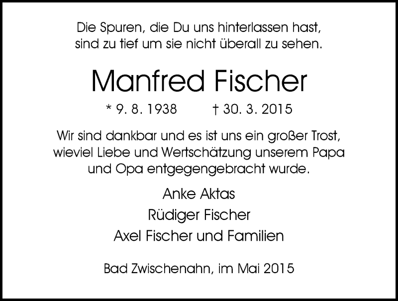  Traueranzeige für Manfred Fischer vom 09.05.2015 aus Nordwest-Zeitung