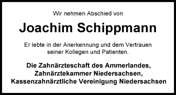 Traueranzeige von Joachim Schippmann von Nordwest-Zeitung