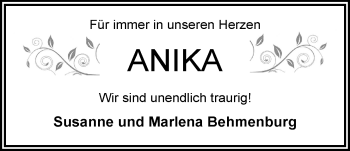 Traueranzeige von Anika Hillmann von Nordwest-Zeitung