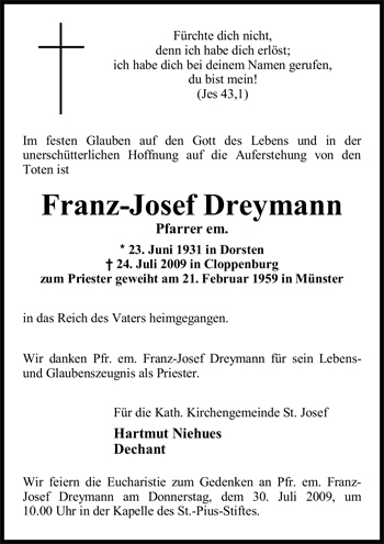 Traueranzeige von Franz-Josef Dreymann von Nordwest-Zeitung