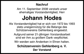 Traueranzeige von Johann Hodes von Nordwest-Zeitung