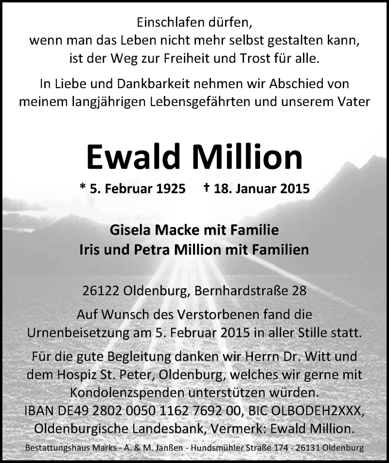  Traueranzeige für Ewald Million vom 07.02.2015 aus Nordwest-Zeitung