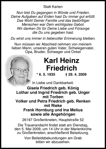 Traueranzeige von Karl Heinz Friedrich von Nordwest-Zeitung