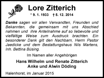 Traueranzeige von Lore Zitterich von Nordwest-Zeitung