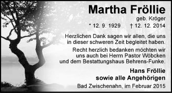 Traueranzeige von Martha Fröllie von Nordwest-Zeitung