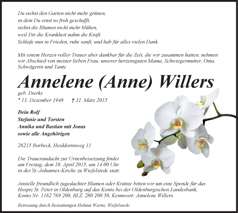  Traueranzeige für Annelene Willers vom 04.04.2015 aus Nordwest-Zeitung