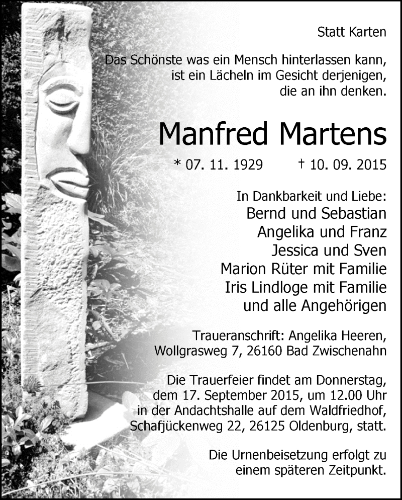  Traueranzeige für Manfred Martens vom 14.09.2015 aus Nordwest-Zeitung