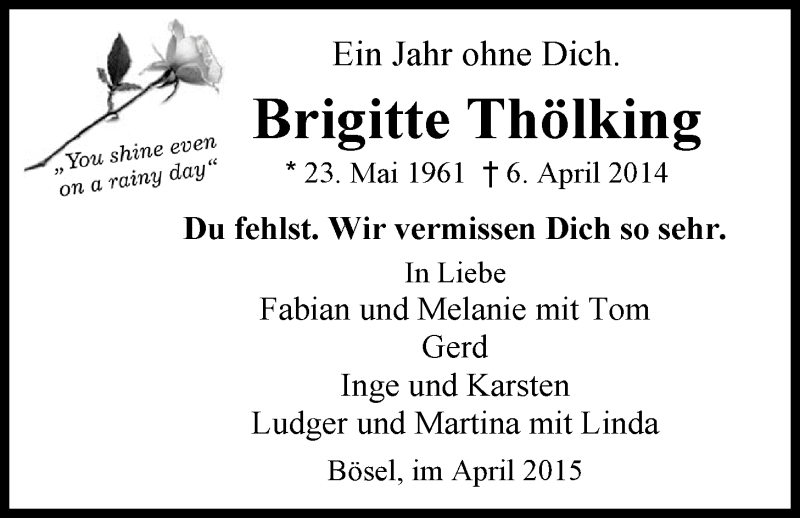  Traueranzeige für Brigitte Thölking vom 04.04.2015 aus Nordwest-Zeitung
