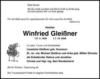 Traueranzeige von Winfried Gleißner von Nordwest-Zeitung