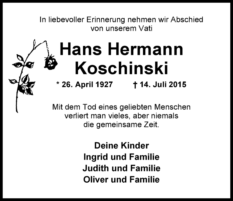  Traueranzeige für Hans Hermann Koschinski vom 16.07.2015 aus Nordwest-Zeitung