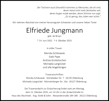 Traueranzeige von Elfriede Jungmann von Nordwest-Zeitung