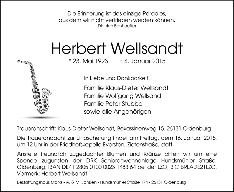  Traueranzeige für Herbert Wellsandt vom 08.01.2015 aus Nordwest-Zeitung
