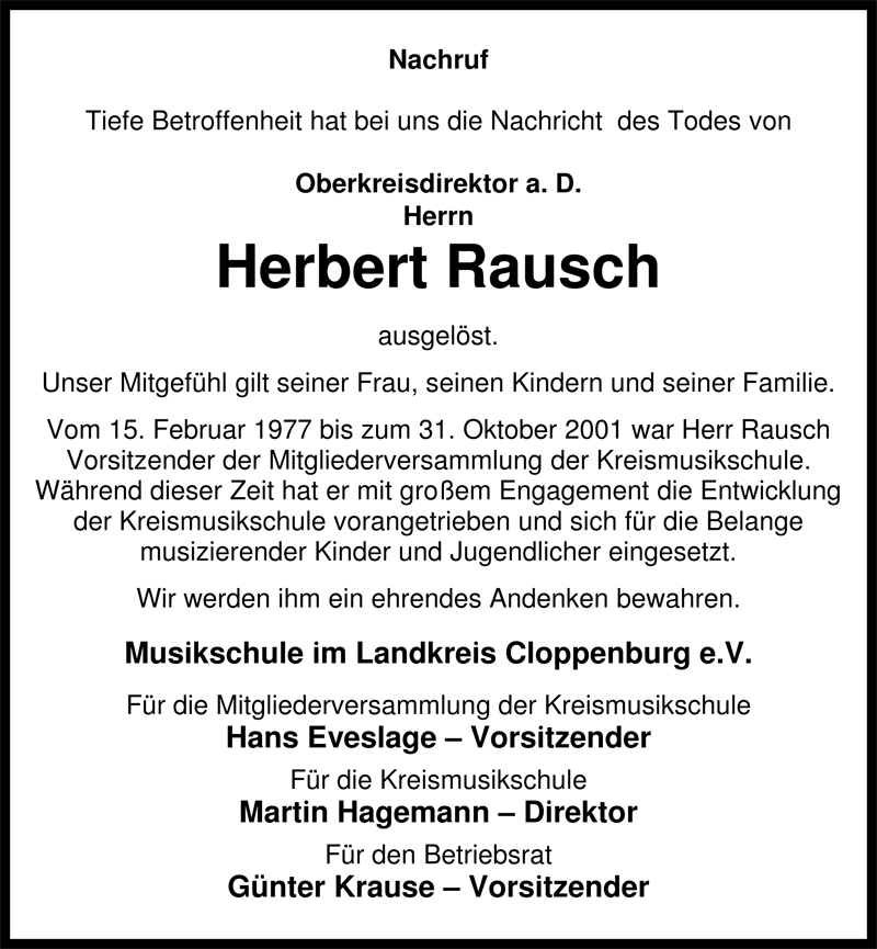  Traueranzeige für Herbert Rausch vom 29.06.2009 aus Nordwest-Zeitung