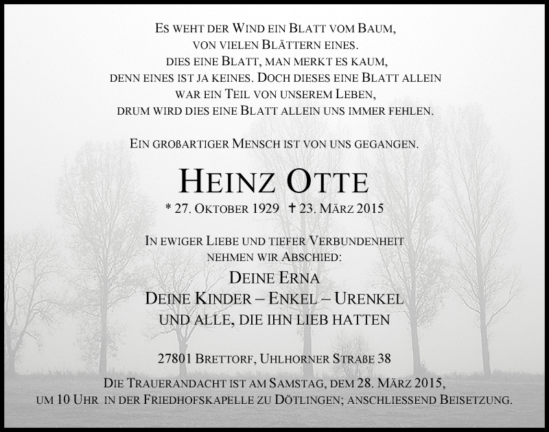  Traueranzeige für Heinz Otte vom 25.03.2015 aus Nordwest-Zeitung