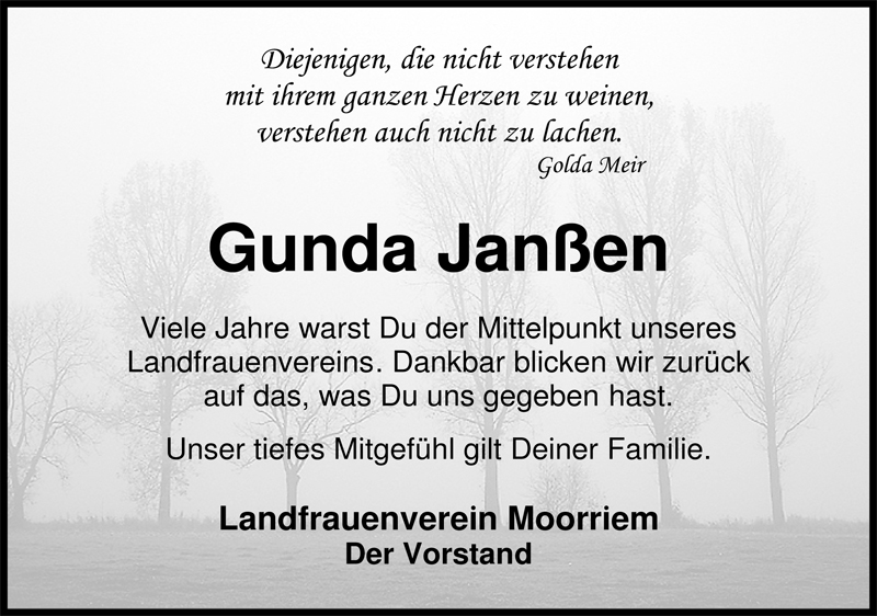  Traueranzeige für Gunda Janßen vom 12.01.2009 aus Nordwest-Zeitung