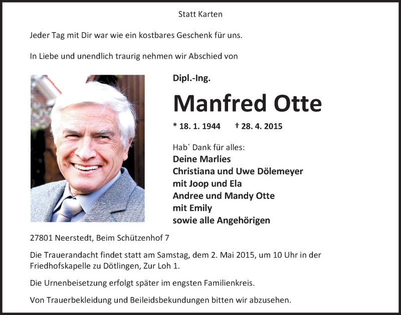  Traueranzeige für Manfred Otte vom 30.04.2015 aus Nordwest-Zeitung