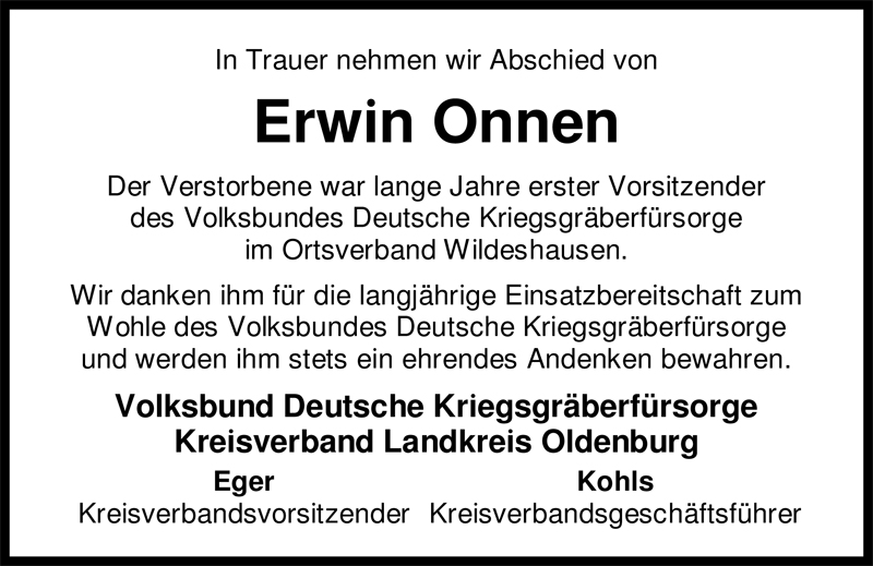  Traueranzeige für Erwin Onnen vom 14.01.2009 aus Nordwest-Zeitung