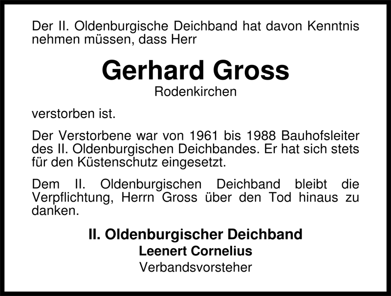  Traueranzeige für Gerhard Gross vom 29.07.2009 aus Nordwest-Zeitung