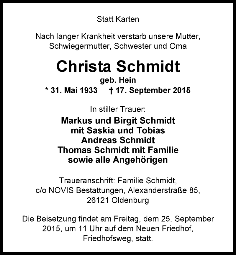  Traueranzeige für Christa Schmidt vom 19.09.2015 aus Nordwest-Zeitung