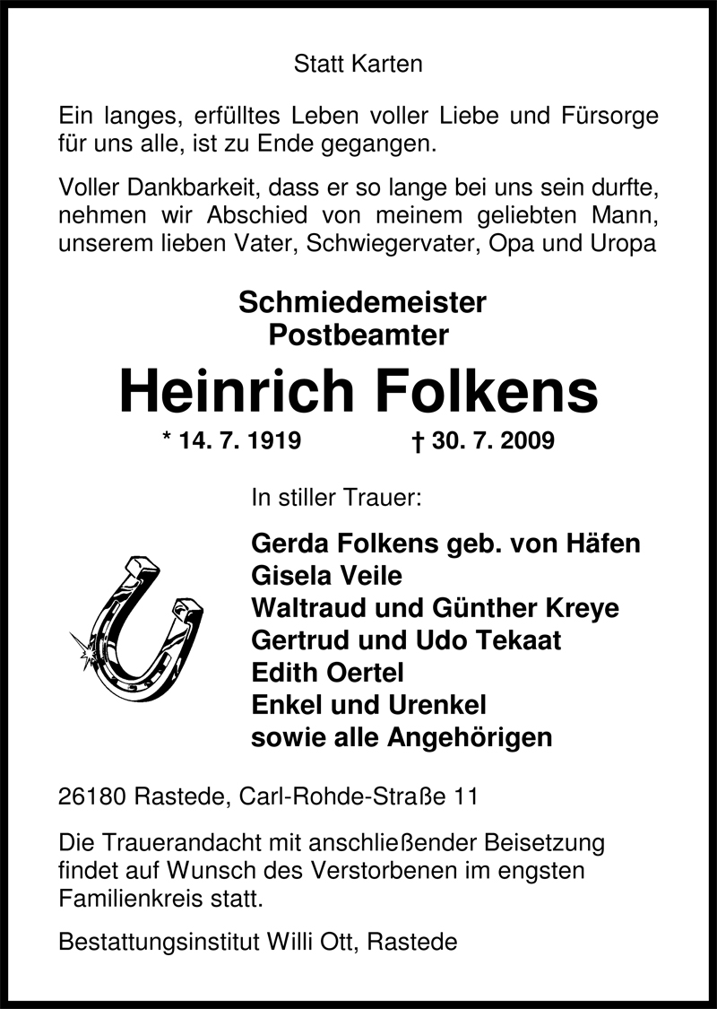  Traueranzeige für Heinrich Folkens vom 01.08.2009 aus Nordwest-Zeitung