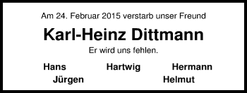 Traueranzeige von Karl-Heinz Dittmann von Nordwest-Zeitung
