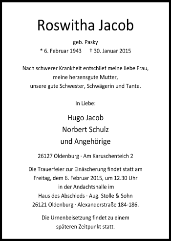 Traueranzeige von Roswitha Jacob von Nordwest-Zeitung