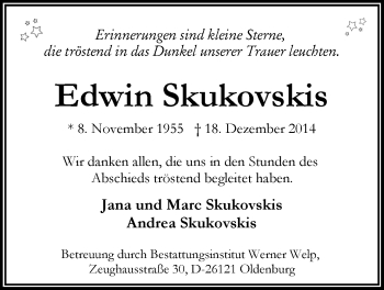 Traueranzeige von Edwin Skukovskis von Nordwest-Zeitung