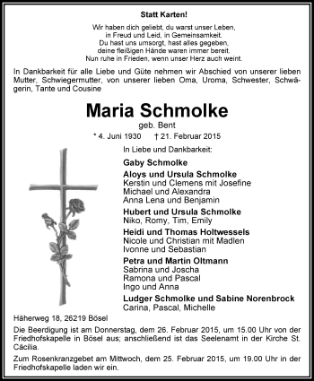 Traueranzeige von Maria Schmolke von Nordwest-Zeitung