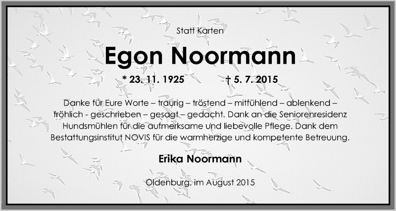  Traueranzeige für Egon Noormann vom 24.08.2015 aus Nordwest-Zeitung