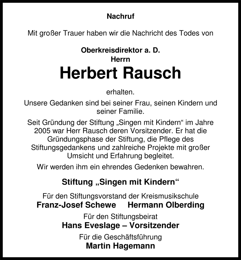  Traueranzeige für Herbert Rausch vom 29.06.2009 aus Nordwest-Zeitung