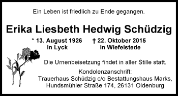 Traueranzeige von Erika Liesbeth Schüdzig von Nordwest-Zeitung
