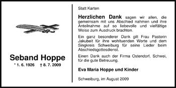 Traueranzeige von Seband Hoppe von Nordwest-Zeitung