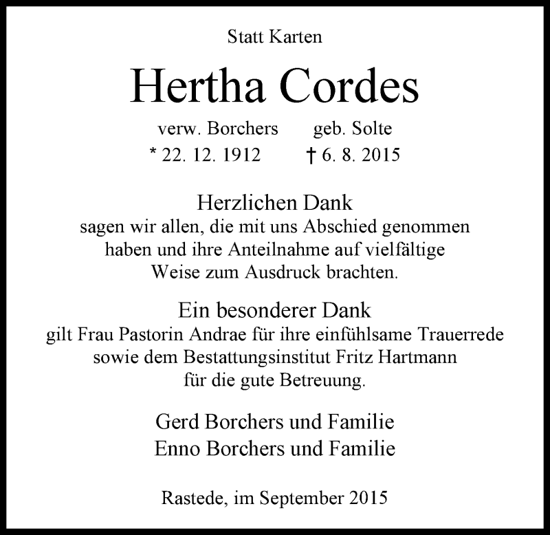  Traueranzeige für Hertha Cordes vom 04.09.2015 aus Nordwest-Zeitung