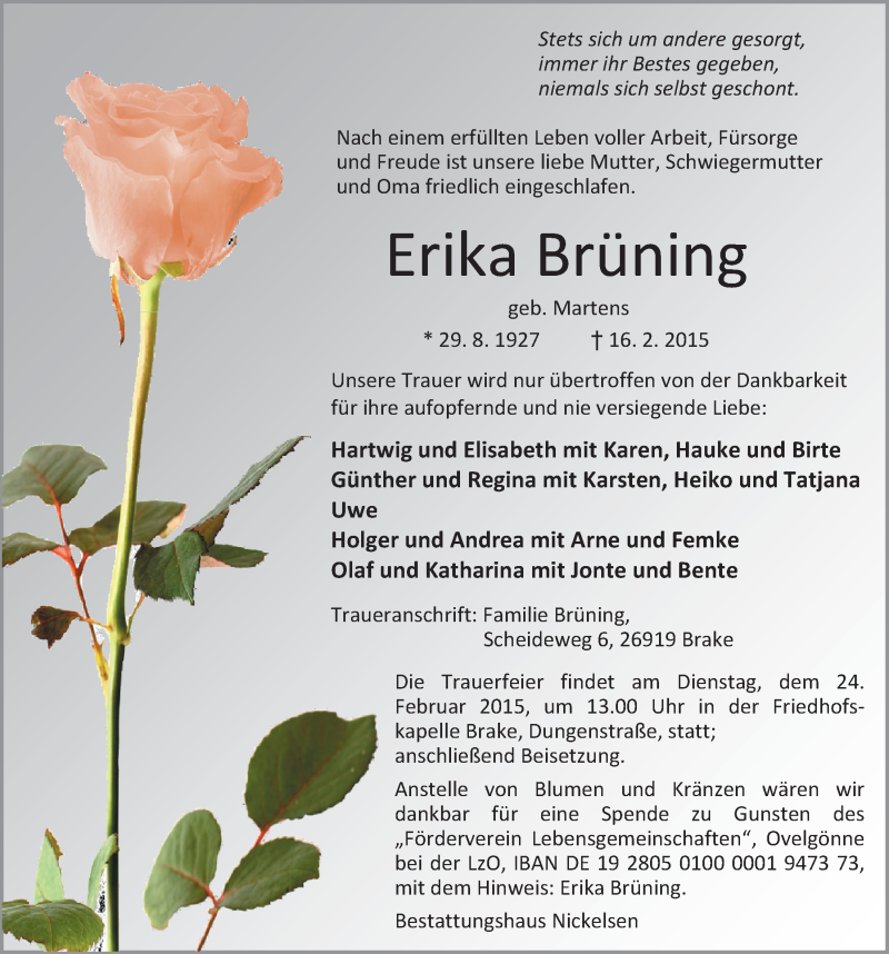  Traueranzeige für Erika Brüning vom 19.02.2015 aus Nordwest-Zeitung