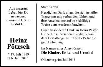 Traueranzeige von Heinz Pötzsch von Nordwest-Zeitung