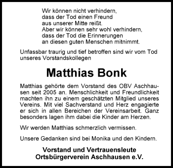 Traueranzeige von Matthias Bonk von Nordwest-Zeitung